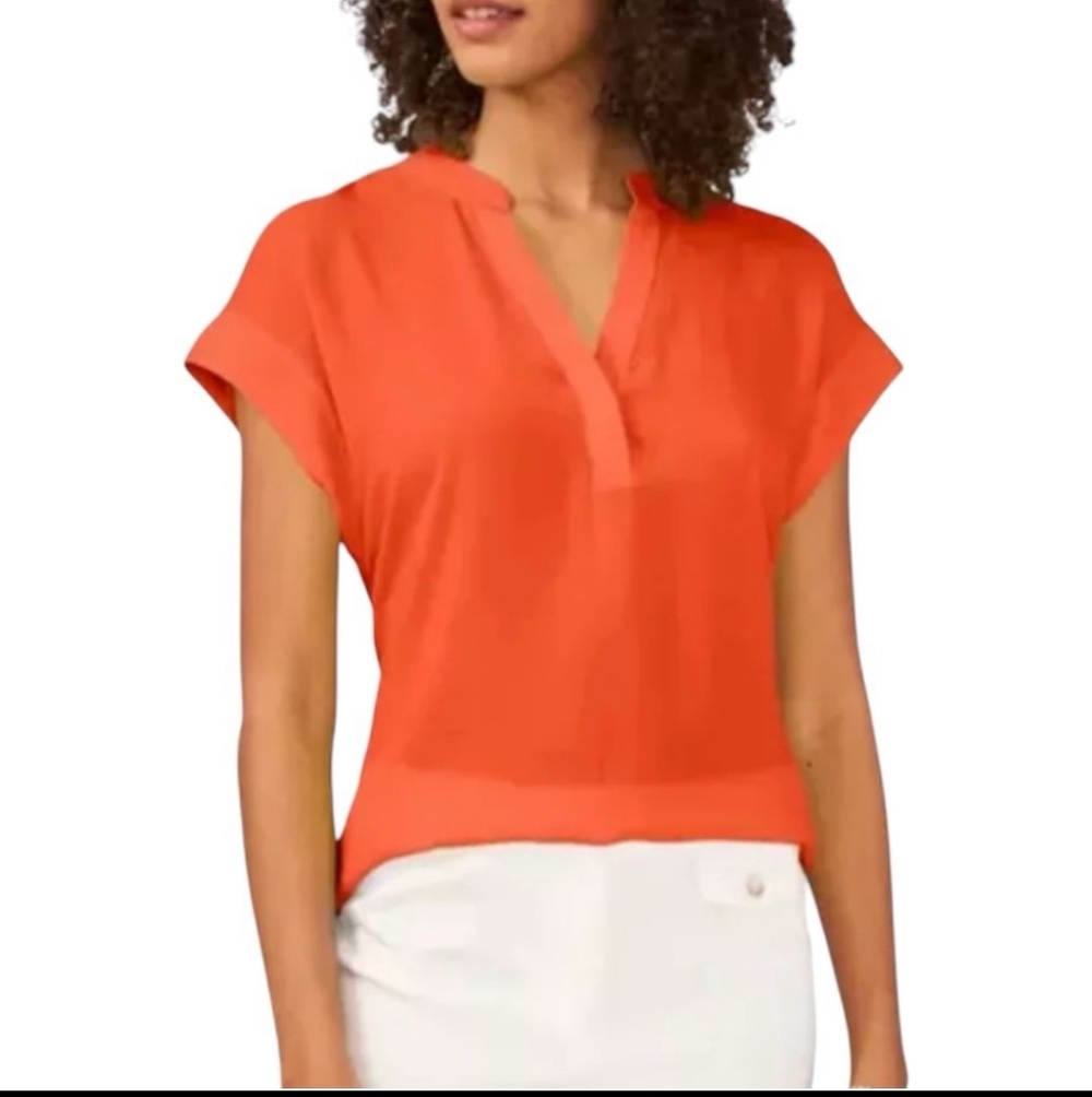 New Cynthia Steffe Vibrant Orange V-neck Cap Sleeve Hi-Lo Dressy Blouse Size Lg - Picture 1 of 8